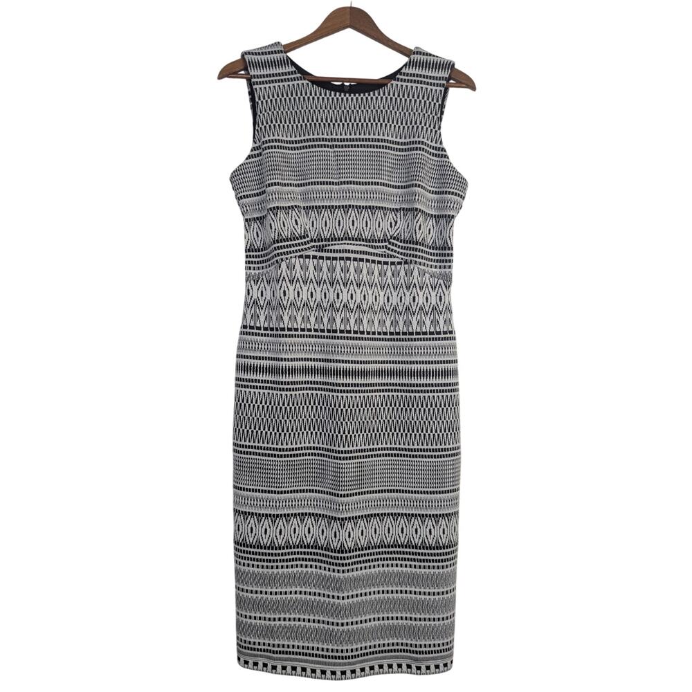Geometric Sheath Dress Black White Stripe Sleeveless Stretch Office Womens Small